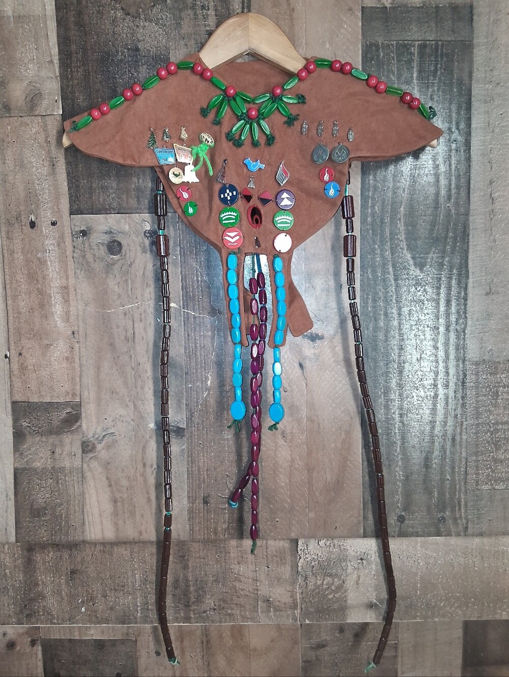 Vintage Camp Fire Girls Ceremonial VEST Poncho Pins Patches & Beads 1960-1970’s